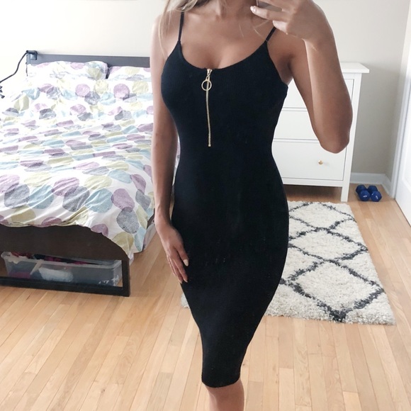Black Ribbed Midi Zip Dress - Picture 2 of 7